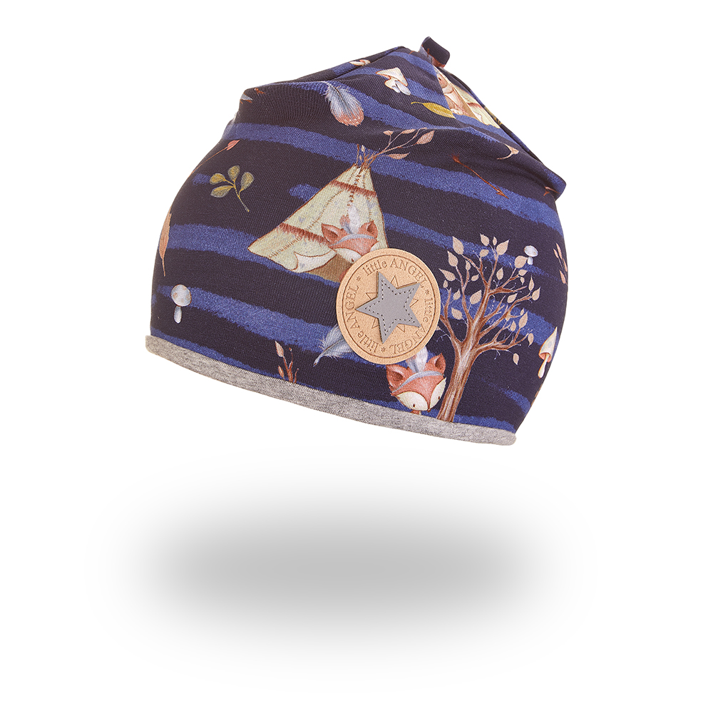 Čepice podšitá Outlast® - tm.modrá zvířátka teepee/šedý melír 3 | 42-44 cm