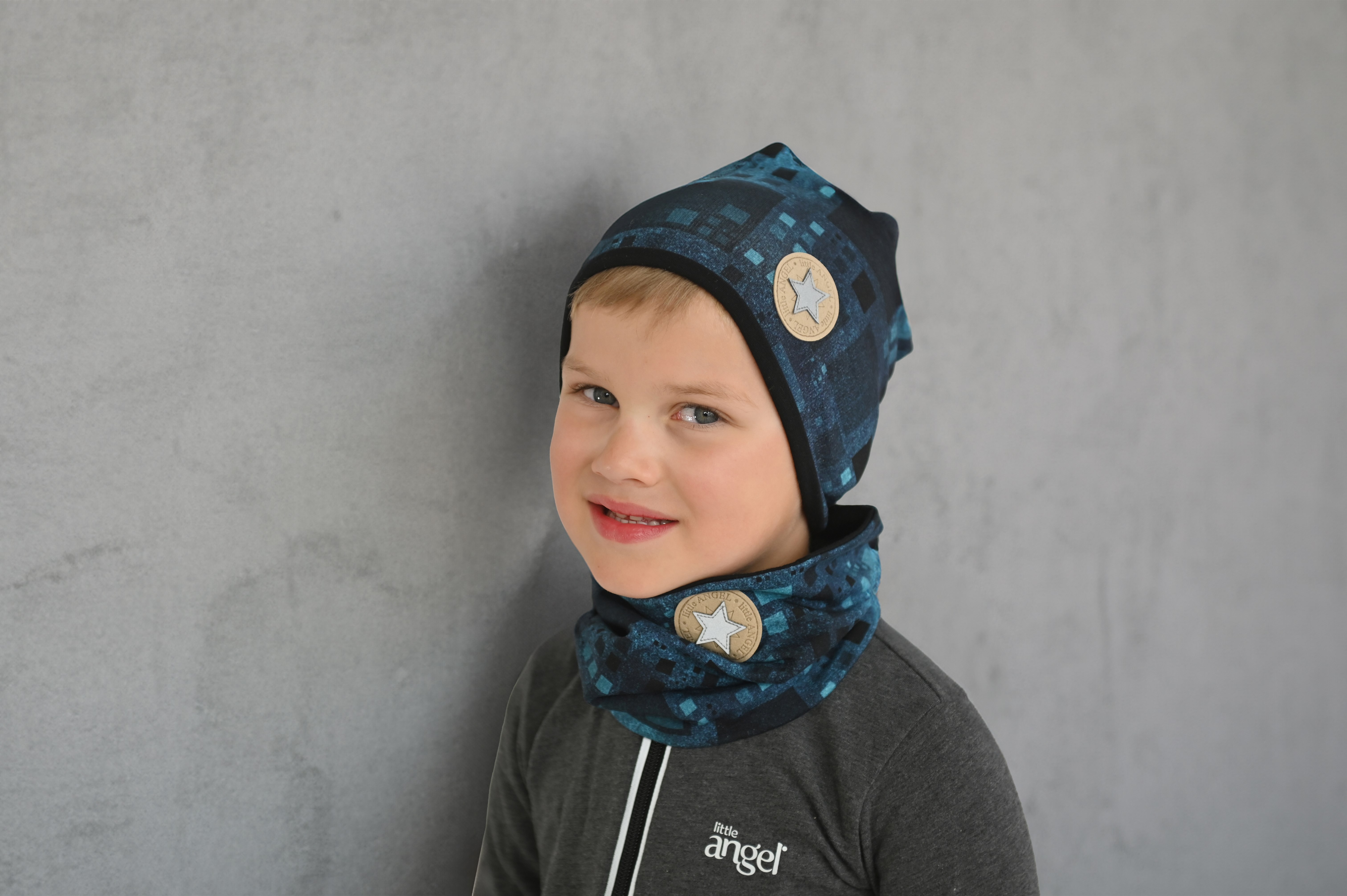 Čepice podšitá Outlast® - denim čtverce/černá 4 | 45-48 cm