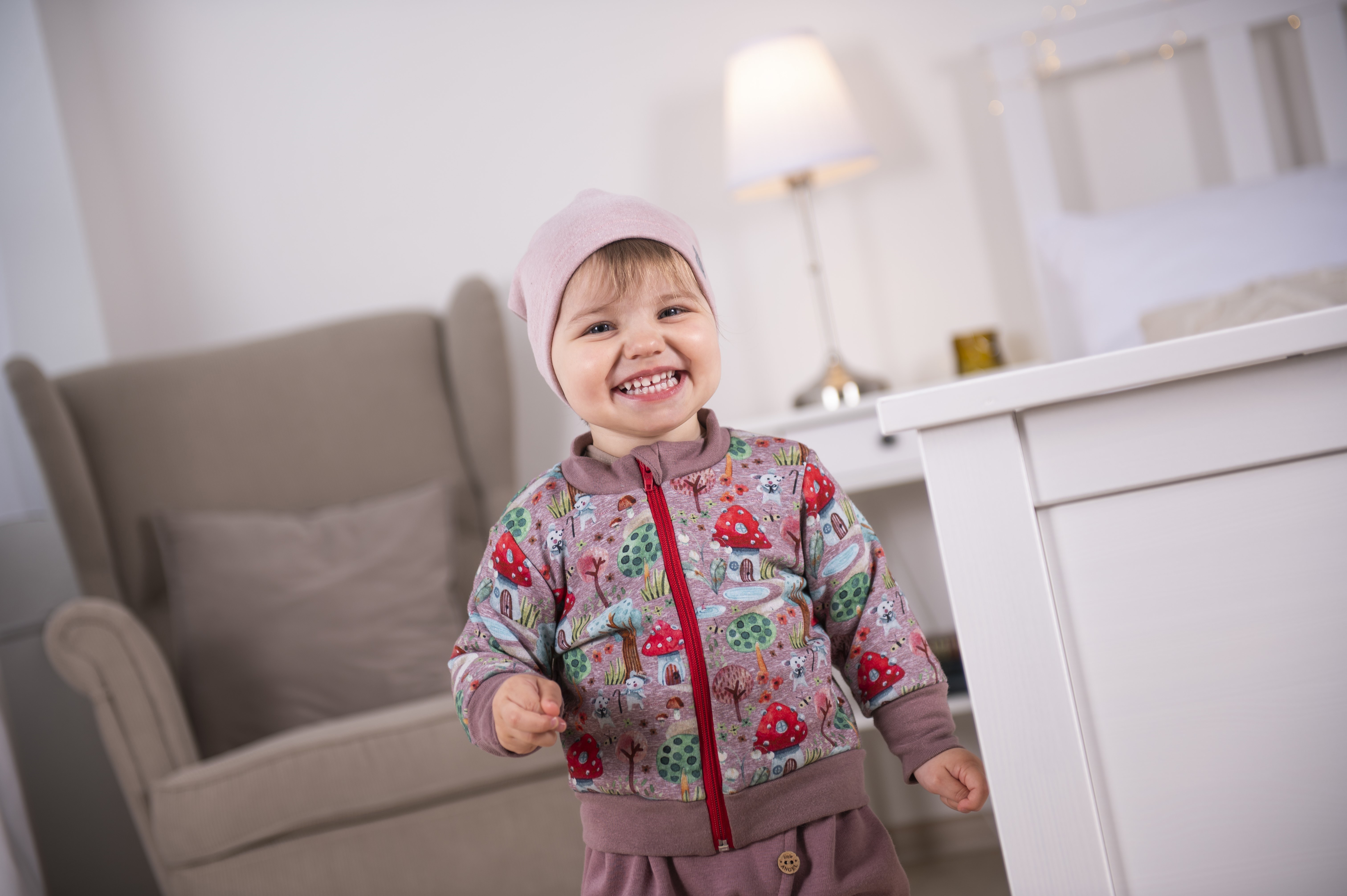 Mikina hřejivá rozepínací - muchomůrky starorůžová 74