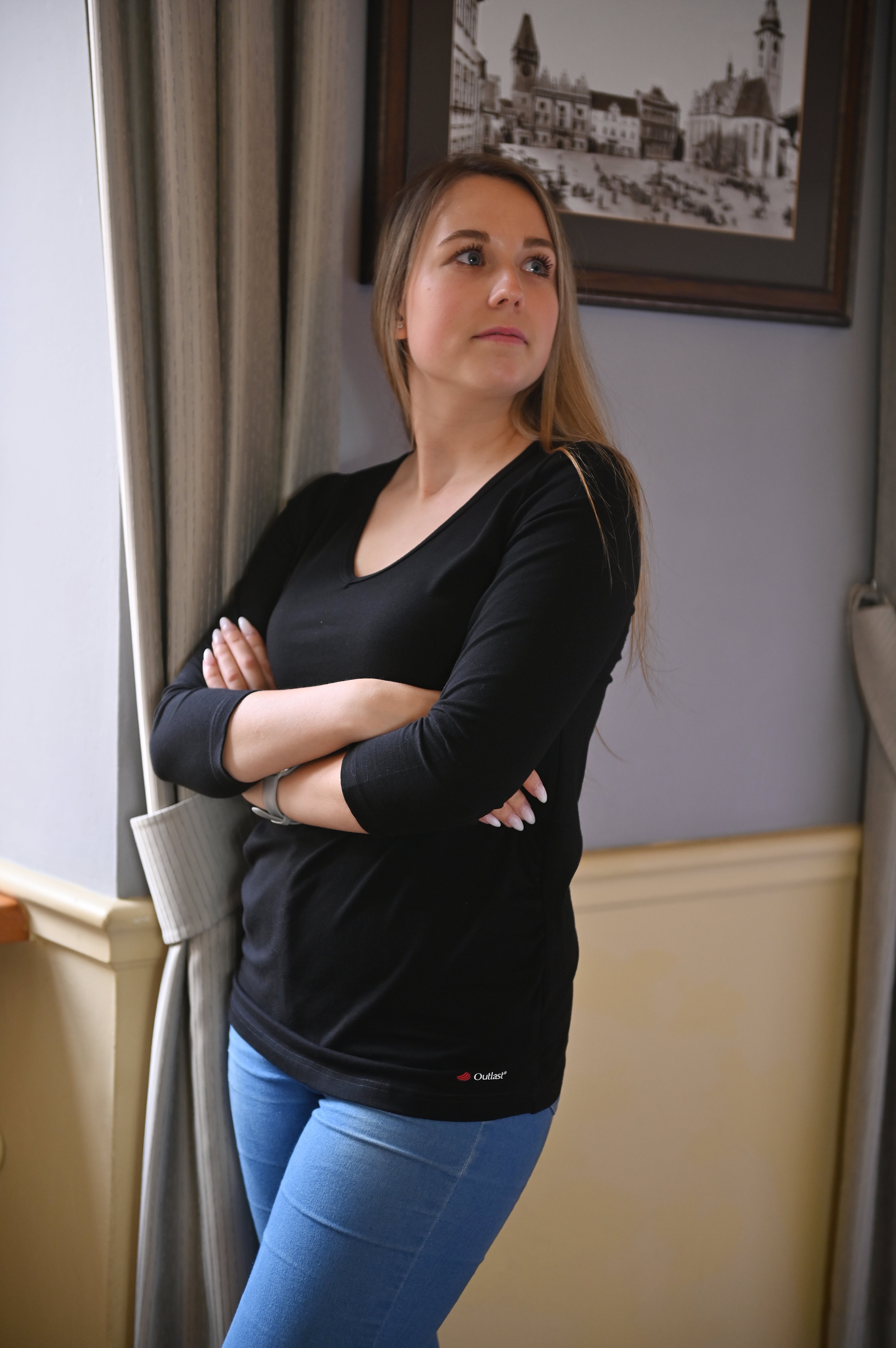 Tričko dámské řasené tenké 3/4 rukáv Outlast® - černá S